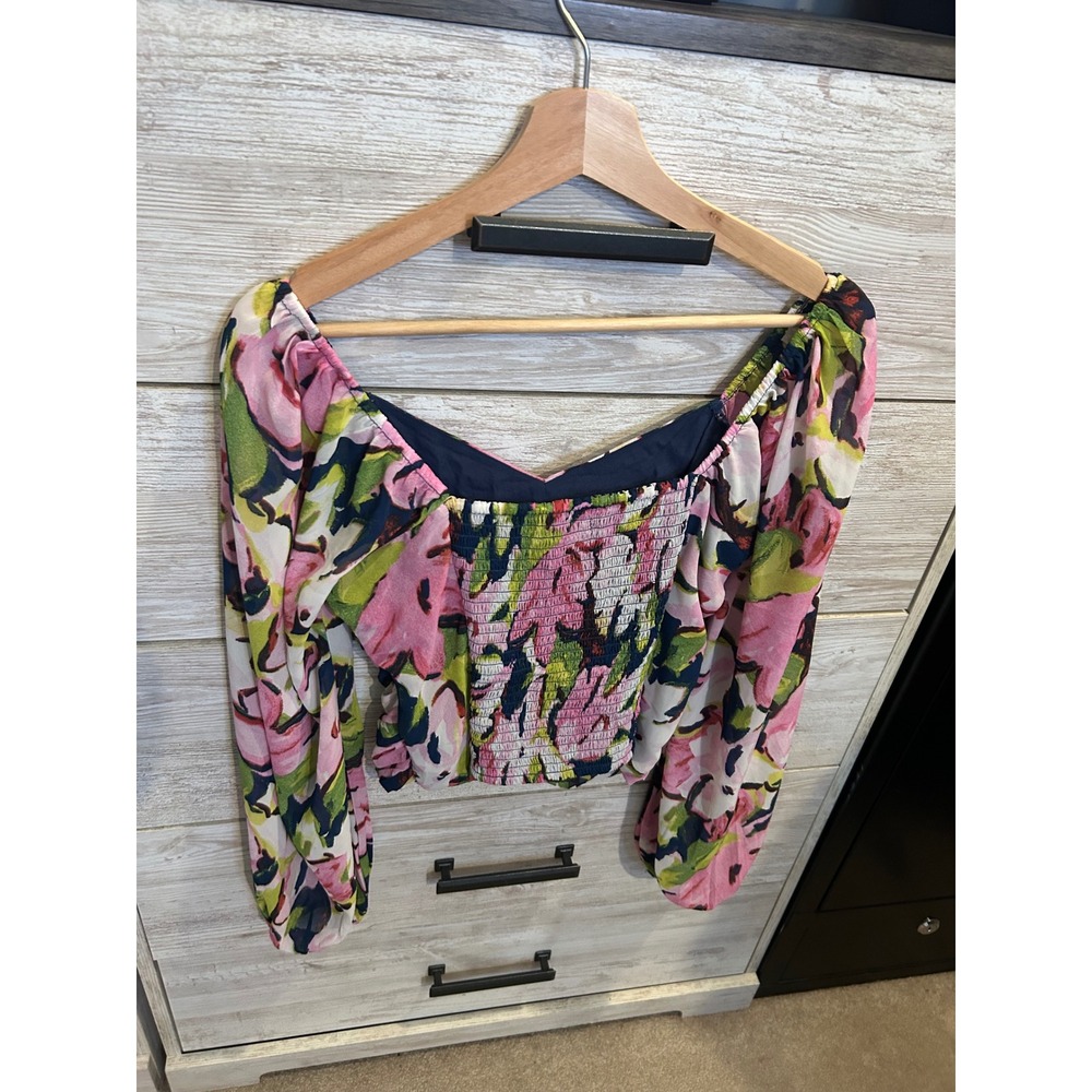 Abercrombie & Fitch Floral Ruched Smocked Long Sleeve Crop Top Pink Green Medium - Picture 5 of 6